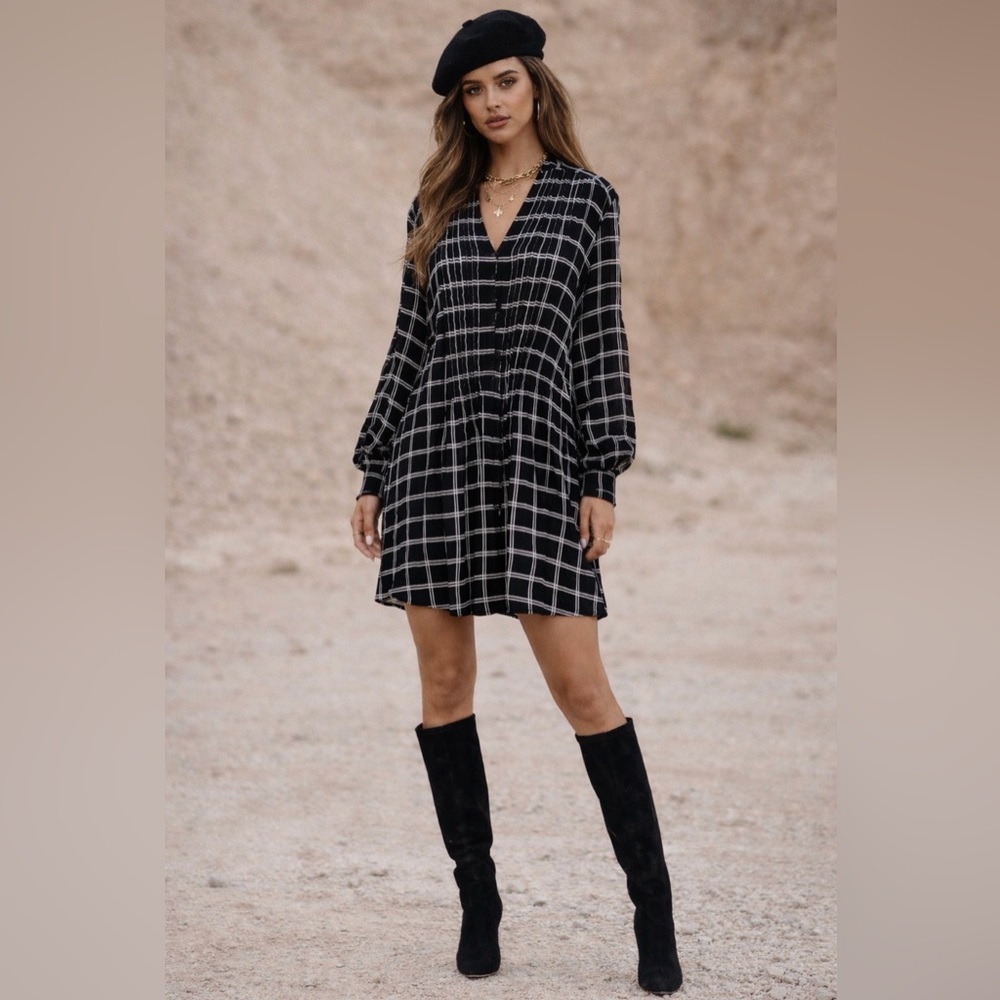 Diane Von Furstenburg DVF Black White Plaid Pintuck Chiffon Silk Shirt Dress 6